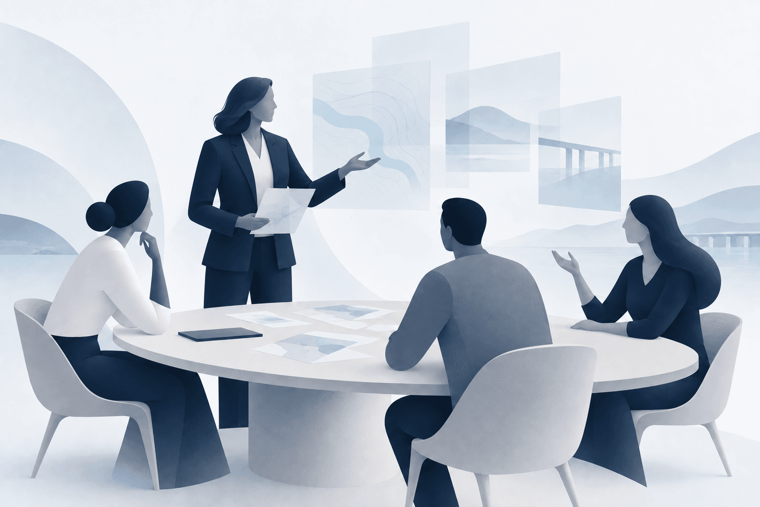 Abstract illustration of a woman leading colleagues in a brainstorming discussion around a table.